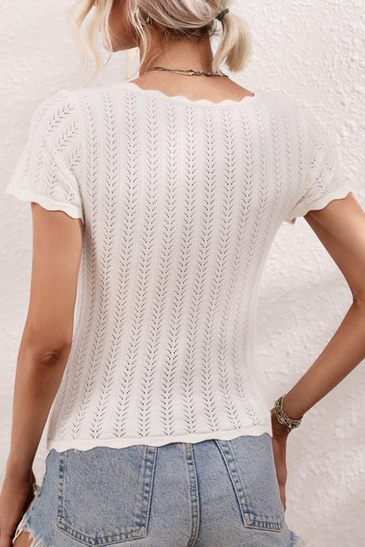 Square Neck Scallop Trim Short Sleeve Knit Top