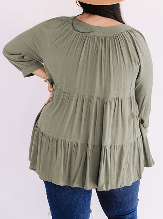 Plus Size Ruffle Tiered Split Neck Shirt