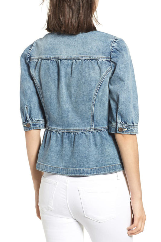 Sky Blue Half Sleeves Peplum Denim Jacket