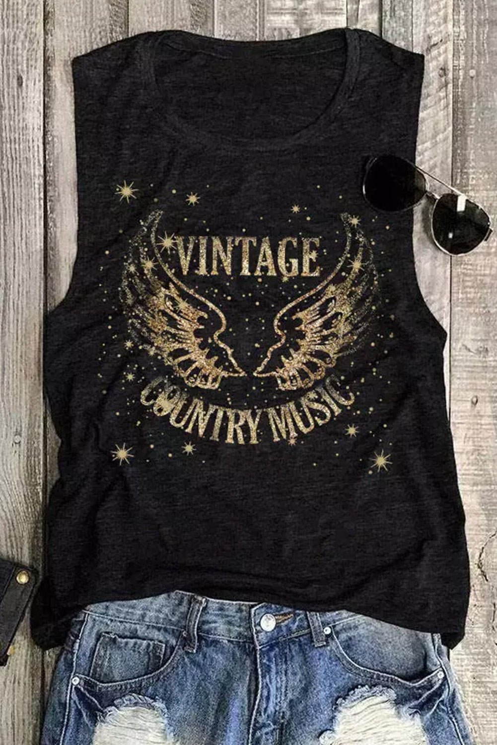 Black Vintage Country Music Wing Glitter Print Tank Top