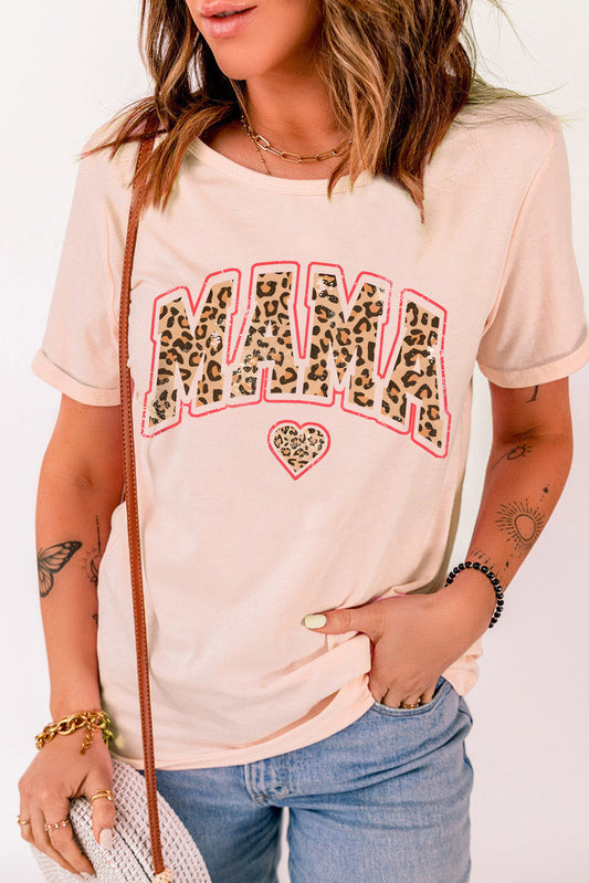 Pink MAMA Leopard Heart Graphic T Shirt