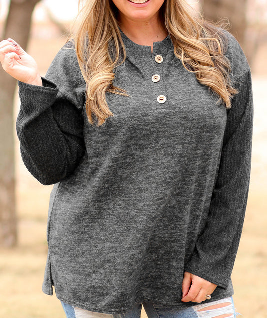 Plus Size Ribbed Long Sleeve Henley Top