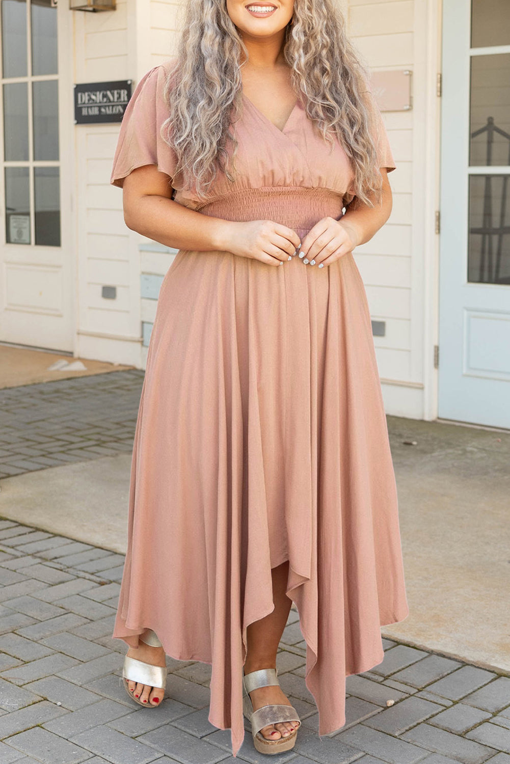 Pink Wrap V Neck Plus Size Handkerchief Dress