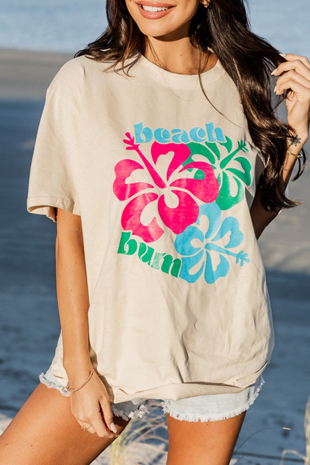 Beach Bum Flower Print Short Sleeve Graphic T Shirt