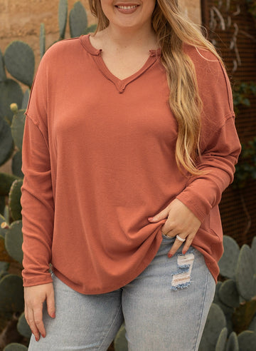 Plus Size Exposed Seam V Neck Long Sleeve Top