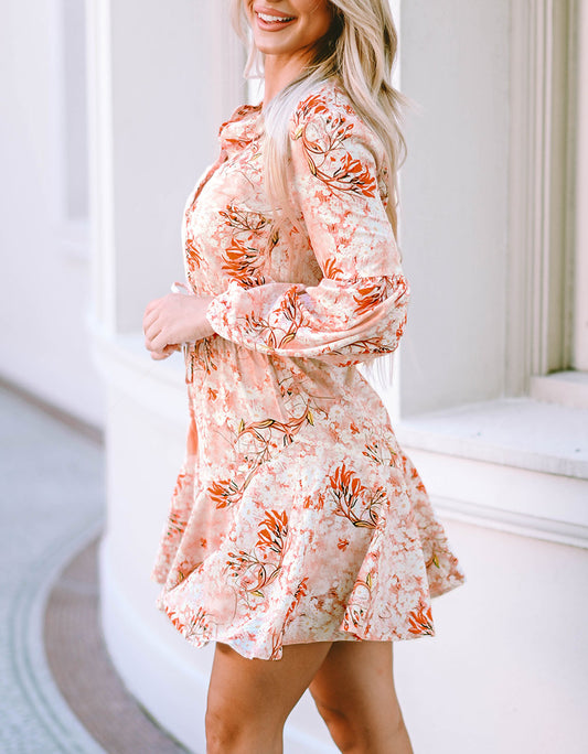 Bubble Sleeve Cinched Waist Floral Dress