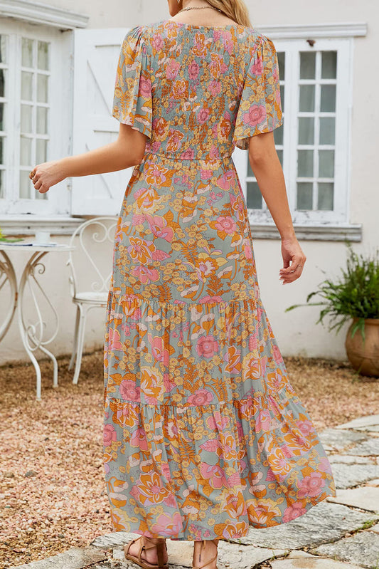 Vintage Floral Smocked Bodice Flare Sleeve Tiered Long Dress