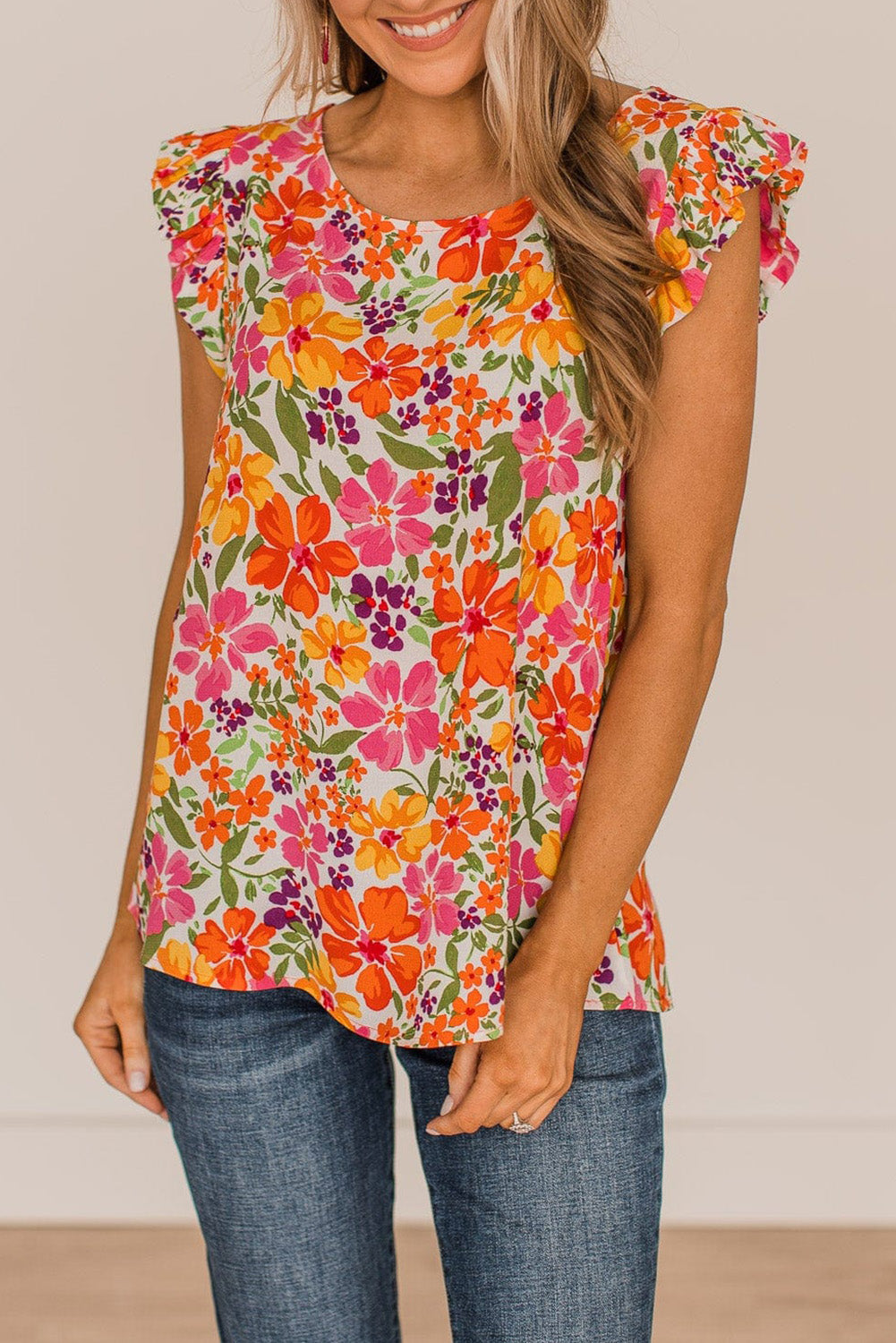 Floral Print Ruffle Sleeve Top