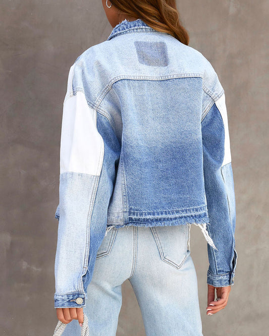 Color Block Denim Patchwork Frayed Hem Jacket