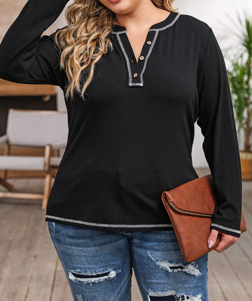 Plus Size Contrasting Topstitch Ribbed Henley Top