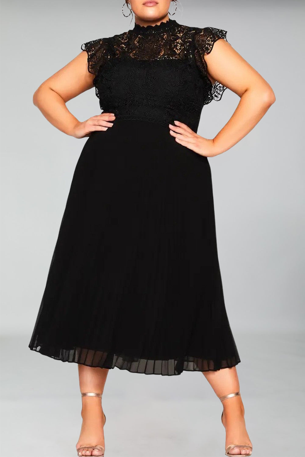 Plus Size Lace Bodice High Neck Flowy Pleated Dress