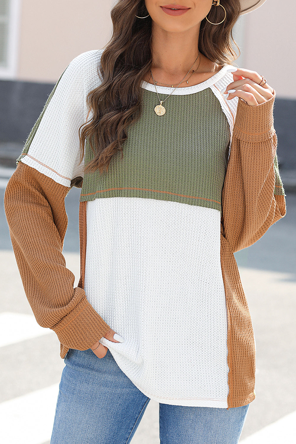 Color Block Exposed Seam Waffle Knit Long Sleeve Top