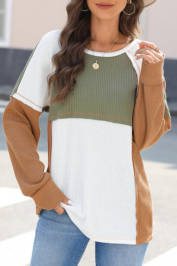 Color Block Exposed Seam Waffle Knit Long Sleeve Top