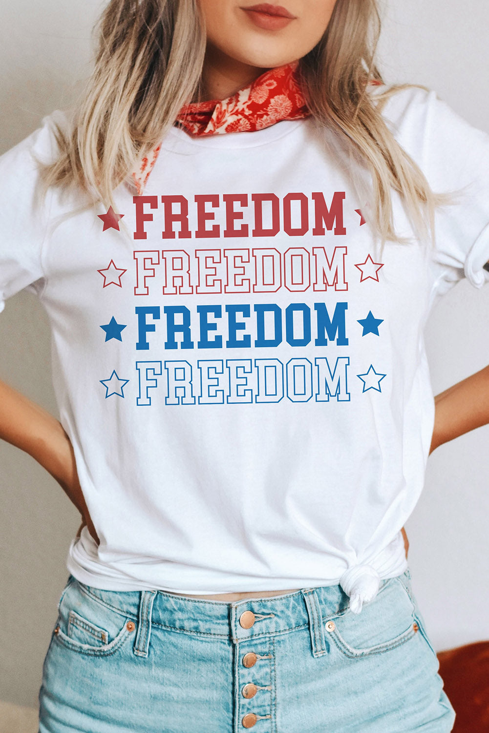 White FREEDOM Stars Print Short Sleeve Graphic Tee