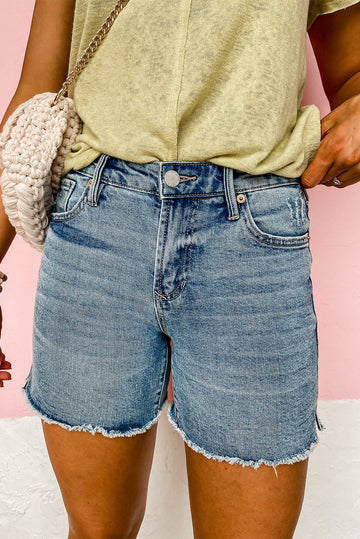 Blue Raw Hem High Waist Denim Shorts