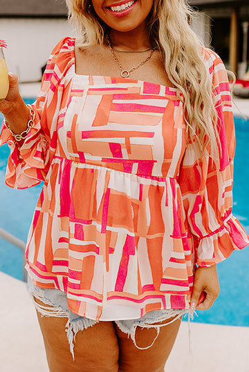 Geometric Print Smocked Square Neck Plus Size Blouse