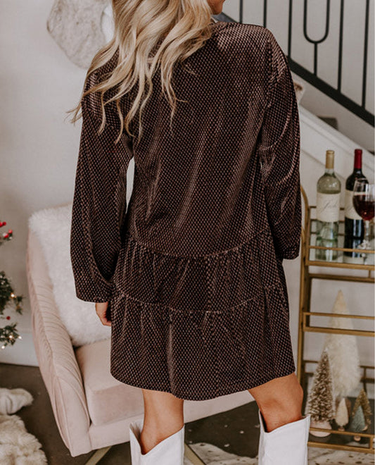 Dark Brown Textured Velvet V Neck Shift Dress