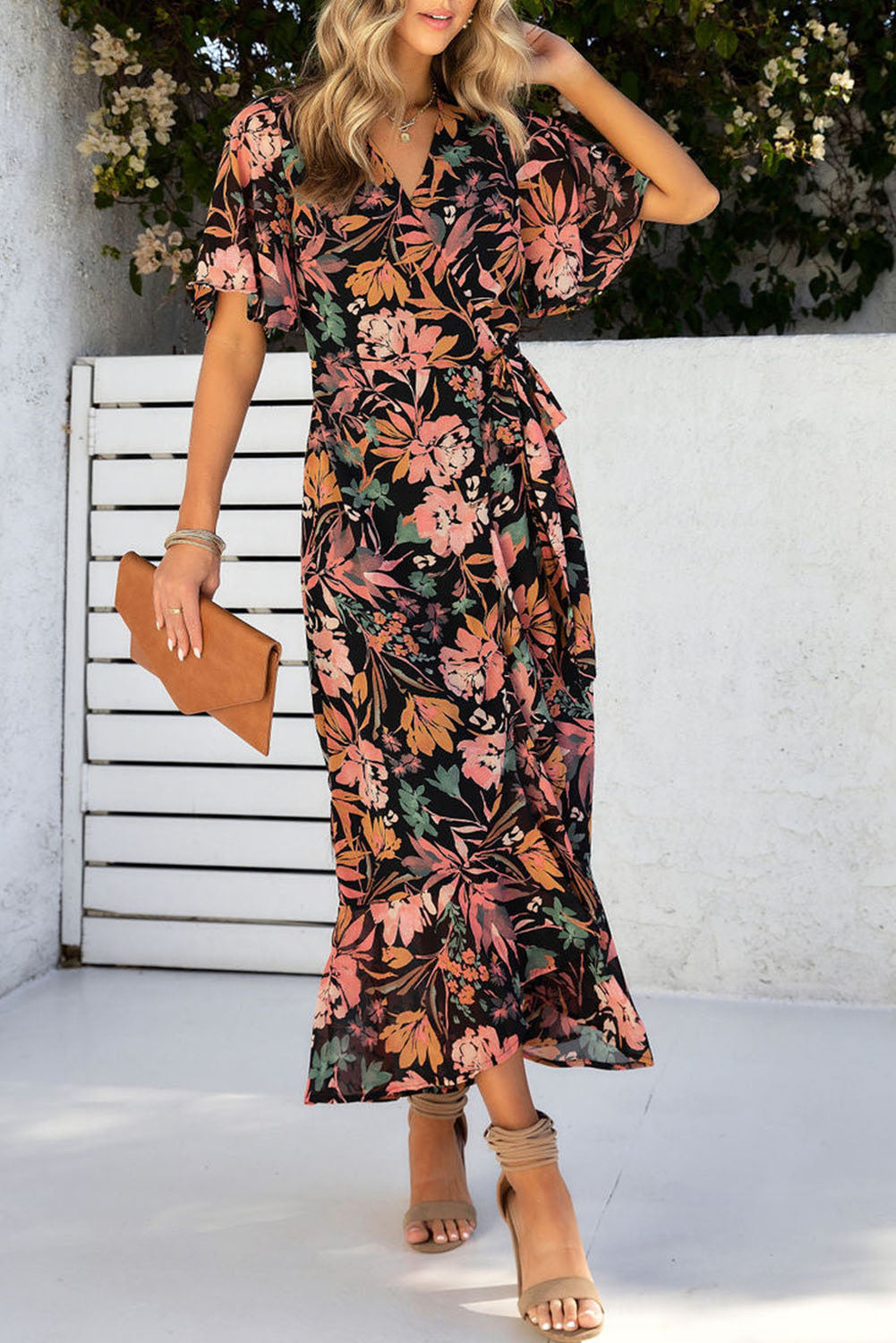 Black Floral Print Knotted Wrapped V Neck Maxi Dress