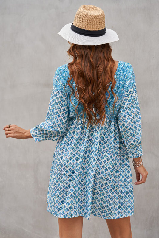 Blue V Neck 3/4 Sleeve Bohemian Vintage Print Mini Dress