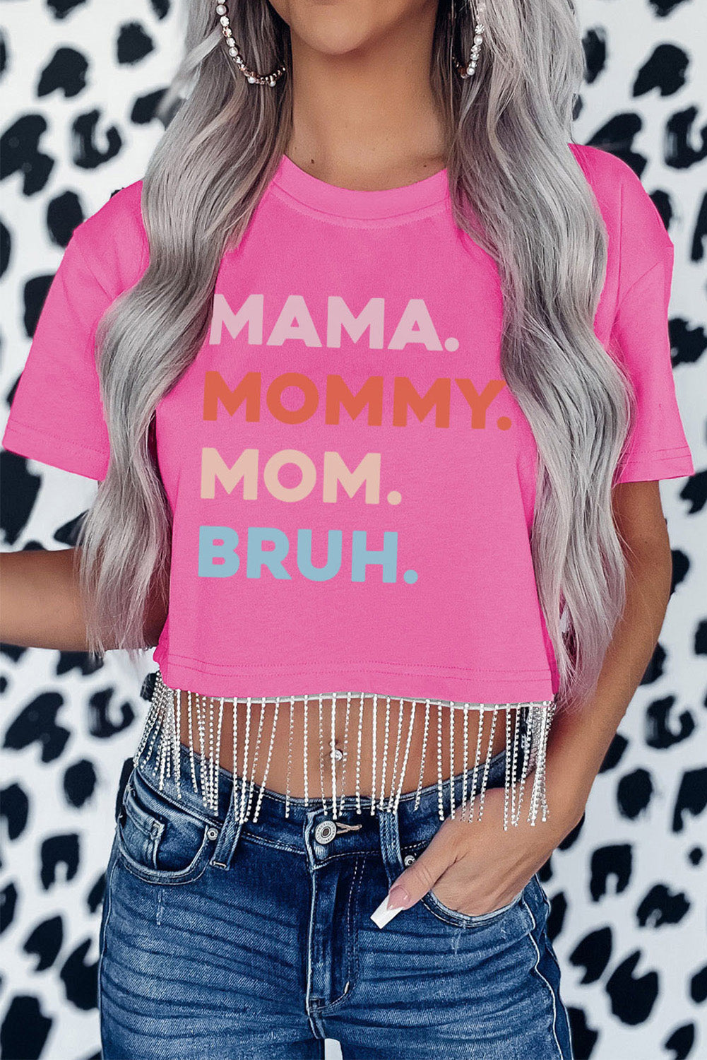 Pink MAMA MOMMY MOM BRUH Rhinestone Fringed Crop Top