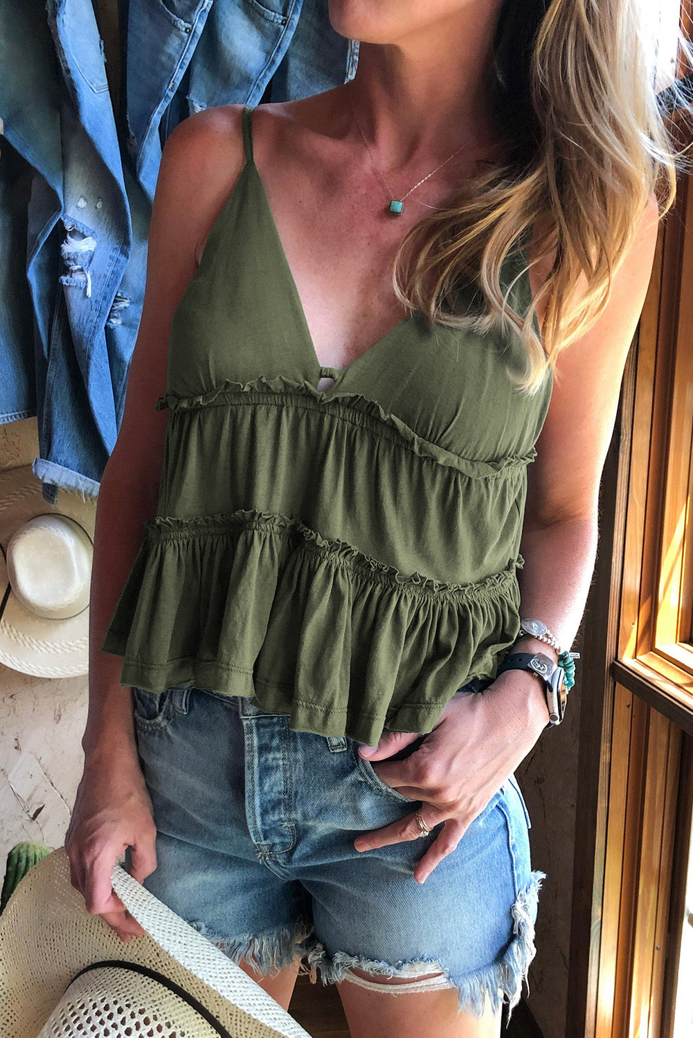 Green Tiered Ruffled Spaghetti Strap V Neck Tank Top