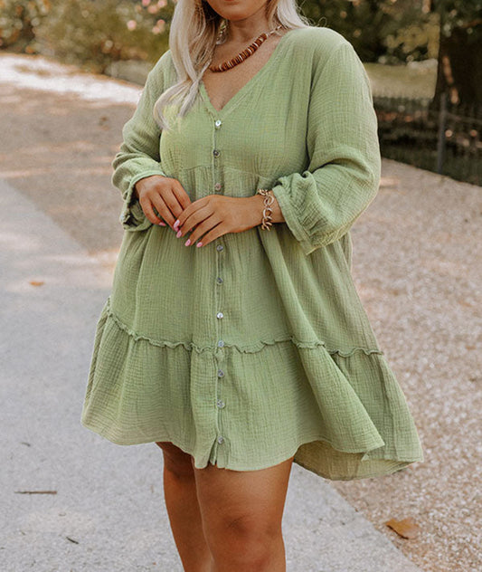 Textured Ruffled Buttoned V Neck Plus Size Mini Dress