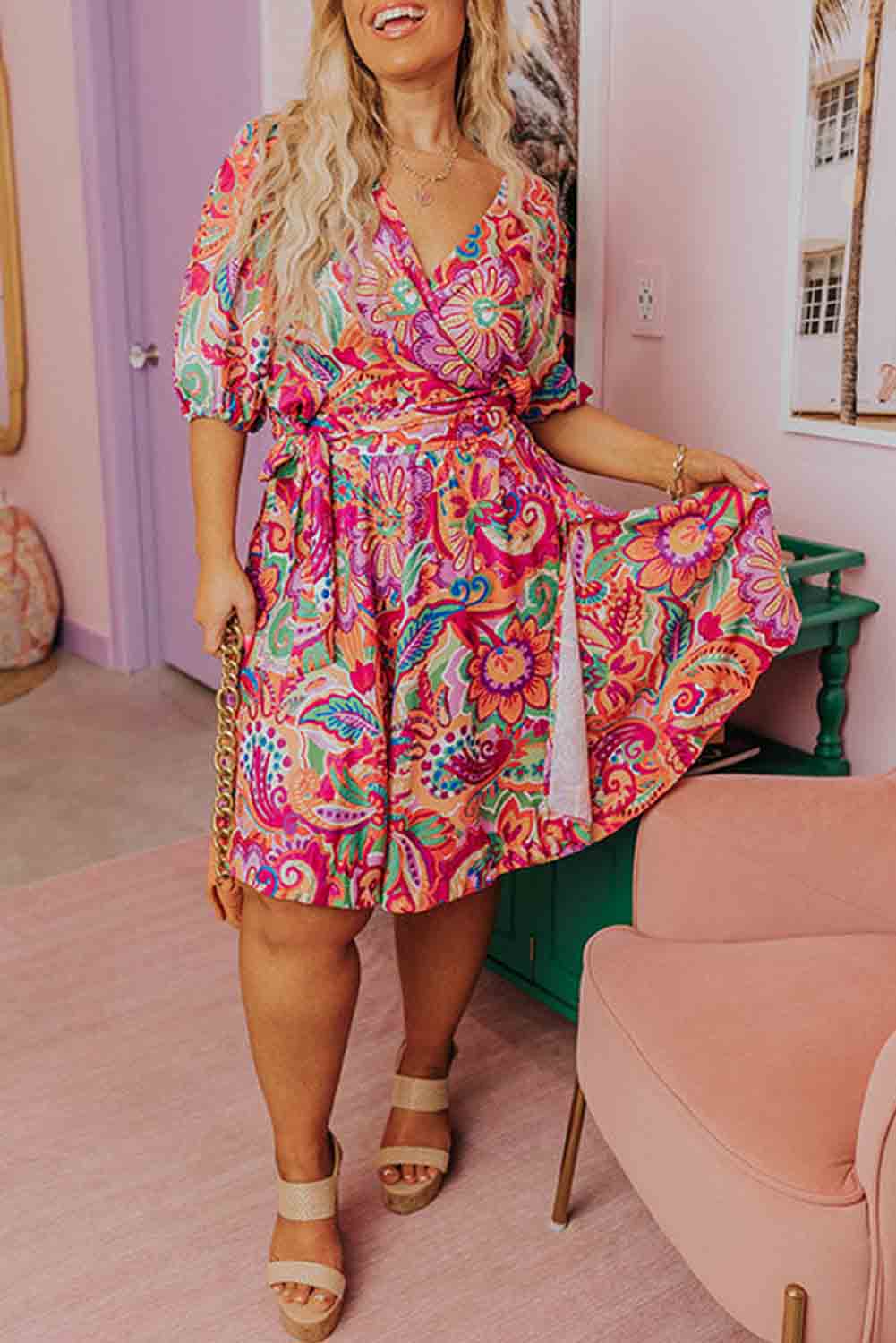 Boho Paisley Floral Print Wrap V Neck Puff Sleeve Plus Size Dress