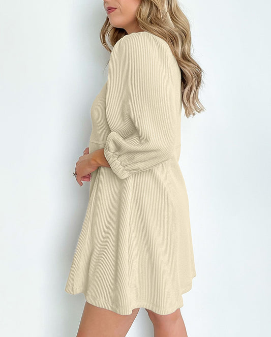 Ribbed Knit Puff Sleeve Flared Mini Dress