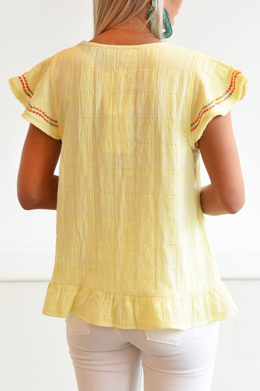 Geometric Embroidery Textured Top with Ruffles