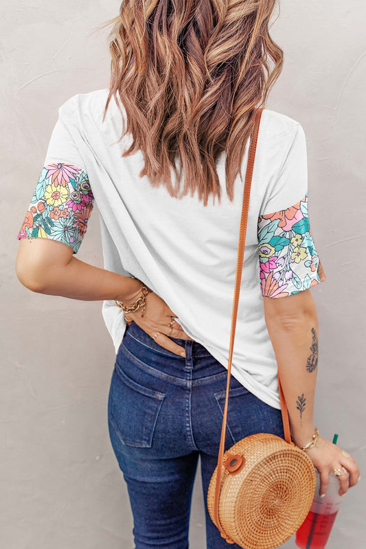 Floral Print Patchwork Short Sleeve Top