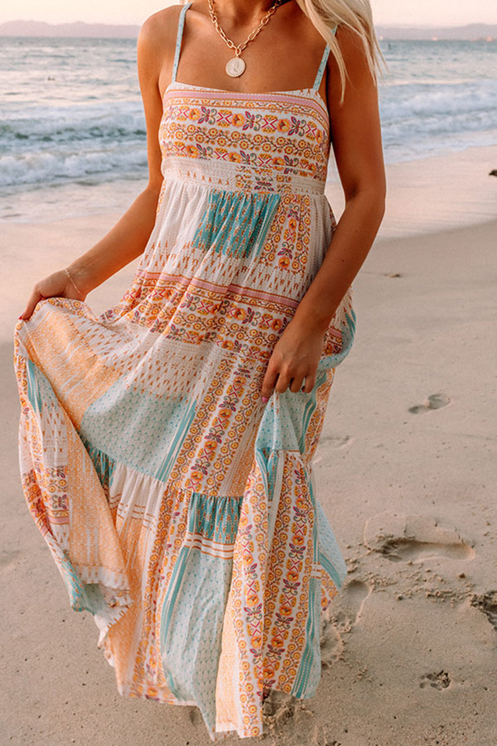 Boho Patchwork Print Square Neck Sundress