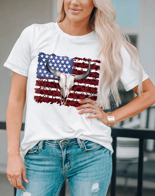 White Bull Skull American Flag Graphic Tee