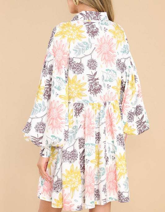 Collared Neck Bubble Sleeve Floral Dress