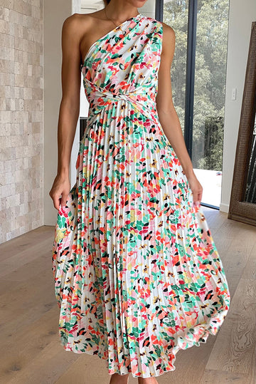 Boho Floral One-Shoulder Sleeveless Pleated Maxi Dress