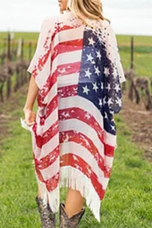 Plus Size American Flag Tasseled 3/4 Sleeve Cardigan