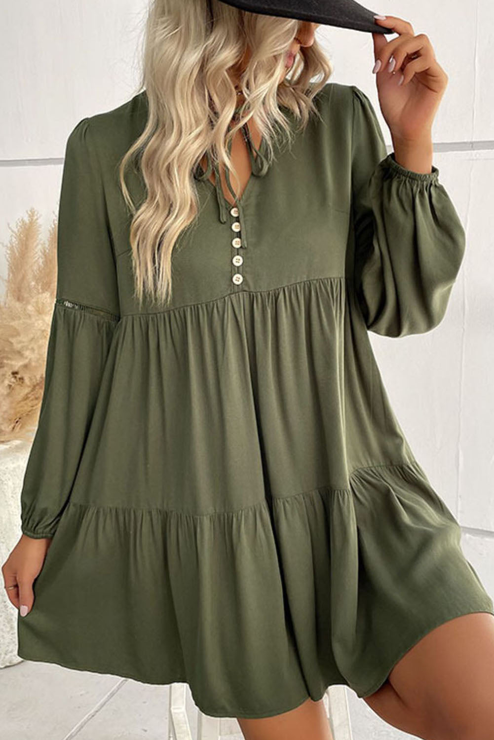 Lace Puff Sleeve Buttoned Tiered Ruffled Mini Dress