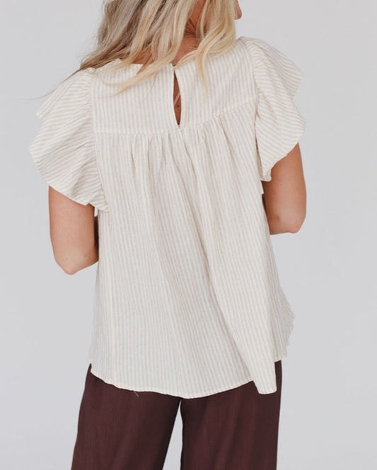 Apricot Stripe Ruffled Sleeve Embroidered Blouse