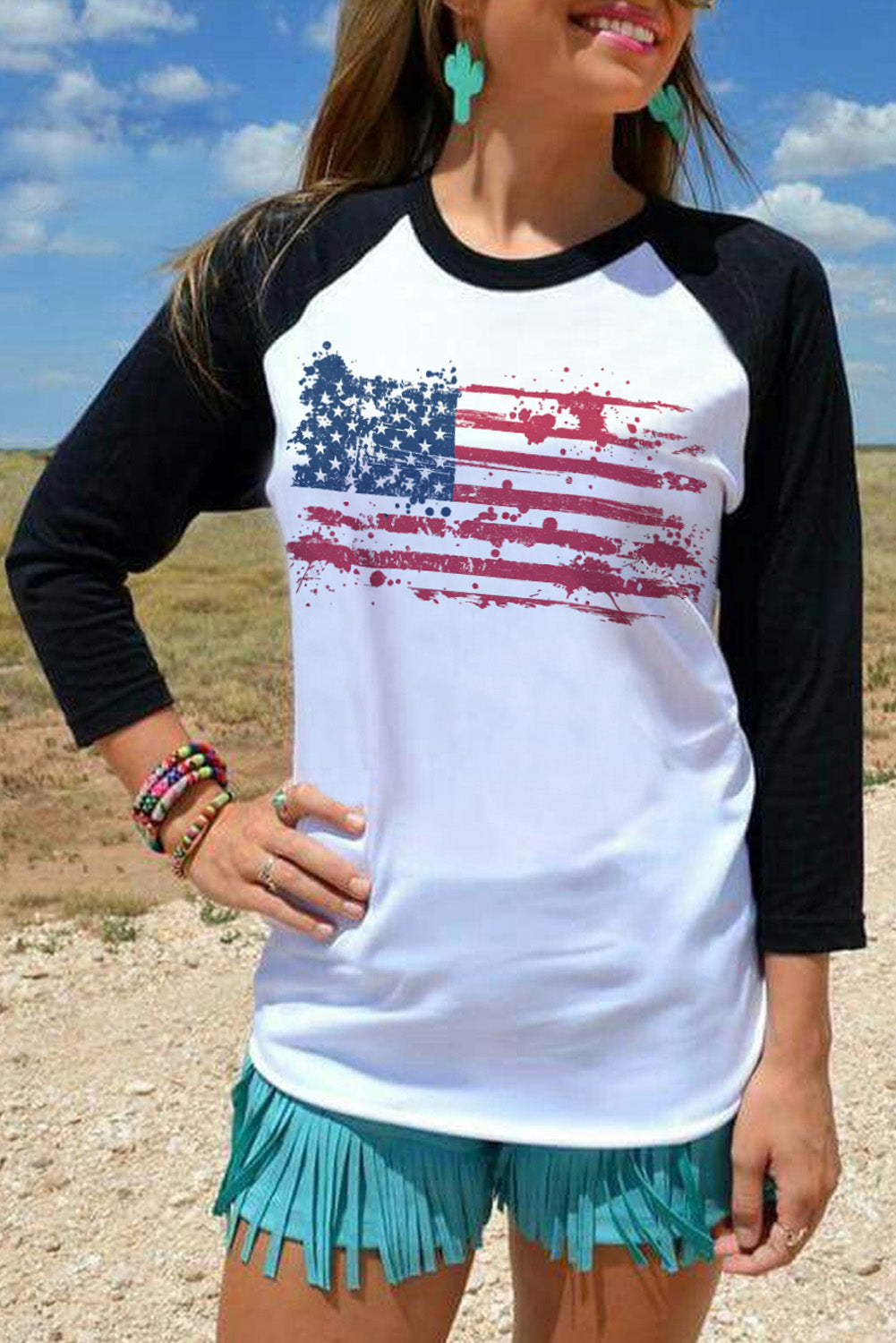 American Flag Raglan Long Sleeve Graphic T Shirt