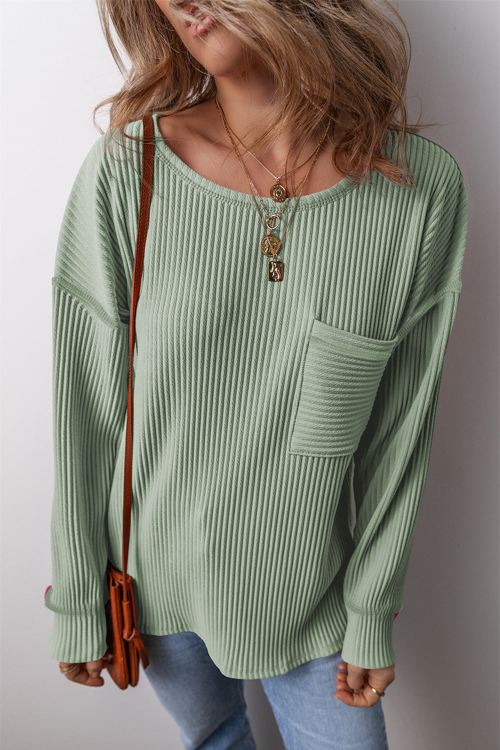 Solid Color Corded Drop Shoulder Long Sleeve Top