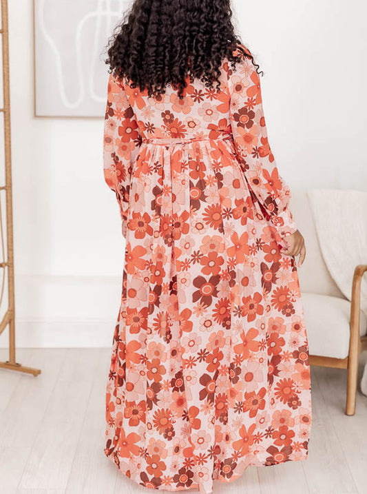 Plus Size Floral Print V Neck Wrap Side Slit Maxi Dress