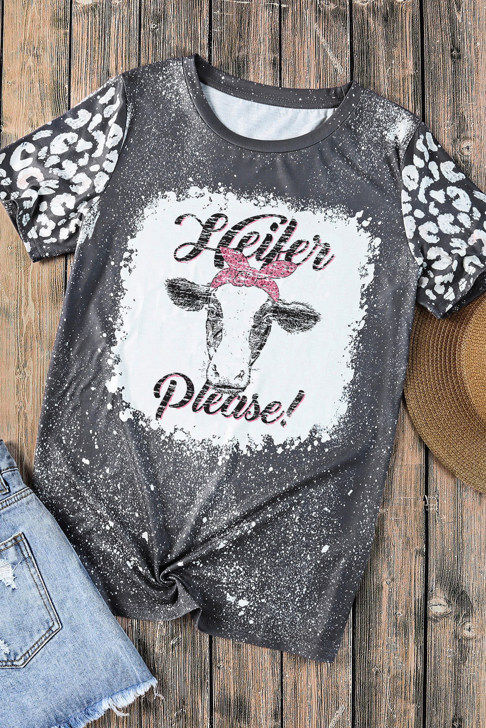 Heifer Please Cow Head Leopard Bleached Print Graphic Tee