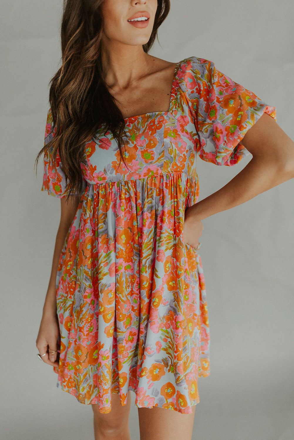 High Waist Square Neck Puff Sleeve Floral Dress