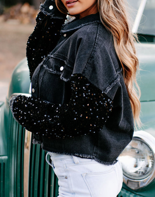 Sequin Sleeve Pocketed Raw Hem Denim Jacket