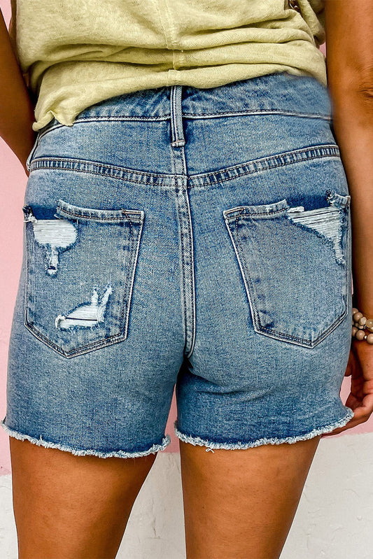 Blue Raw Hem High Waist Denim Shorts