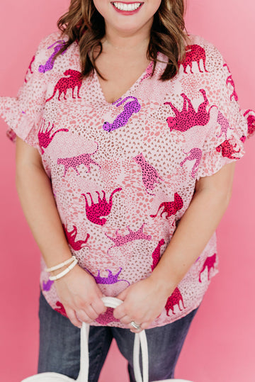 Pink Plus Size Jaguar Print Ruffled Short Sleeves Top