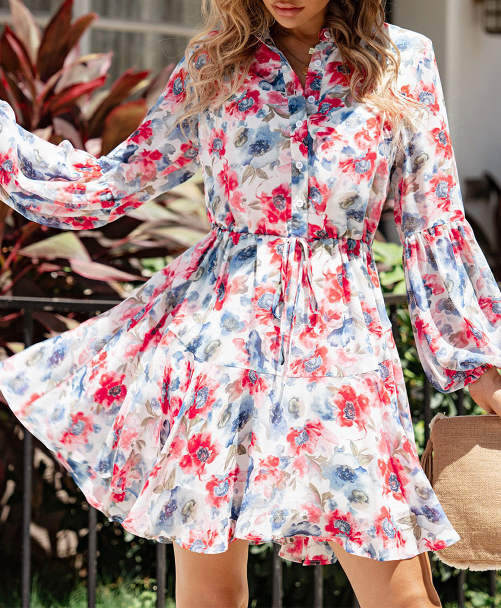 Blue Vintage Floral Print Drawstring Flowy Dress