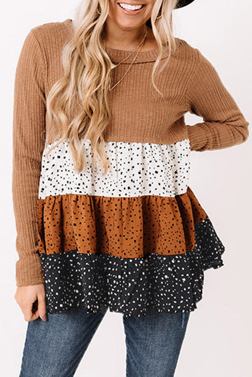 Ribbed Long Sleeve Dotted Tiered Ruffled Flowy Top