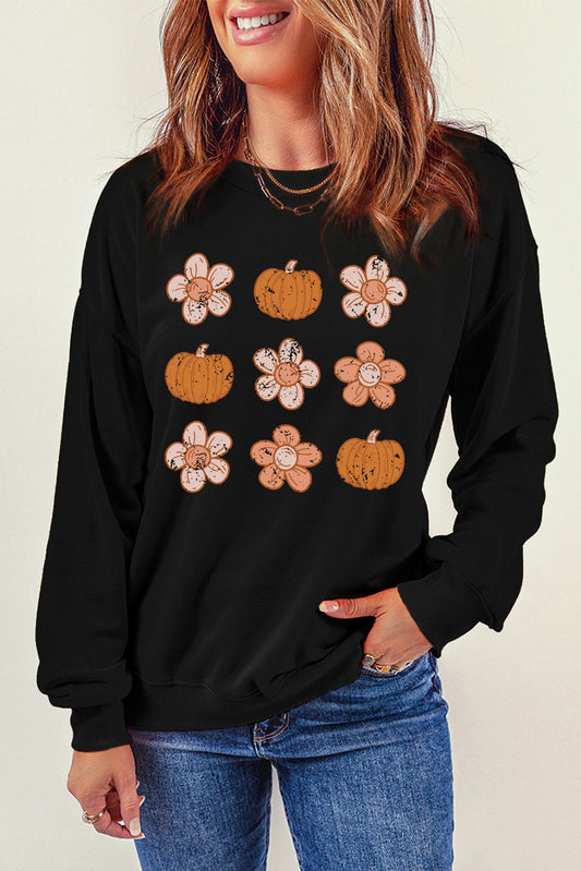 Floral Halloween Pumpkin Graphic Crew Neck Sweatshirt