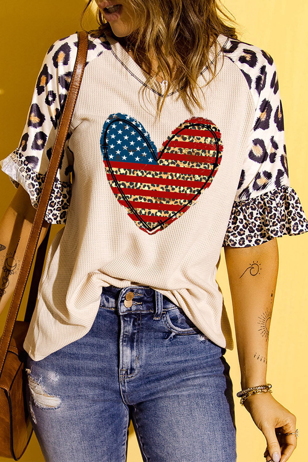 Leopard Patchwork American Flag Heart Print Graphic Tee