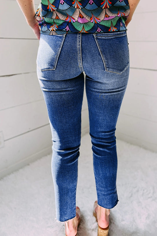 Asymmetrical Skew Button Zip Fly Skinny Jeans